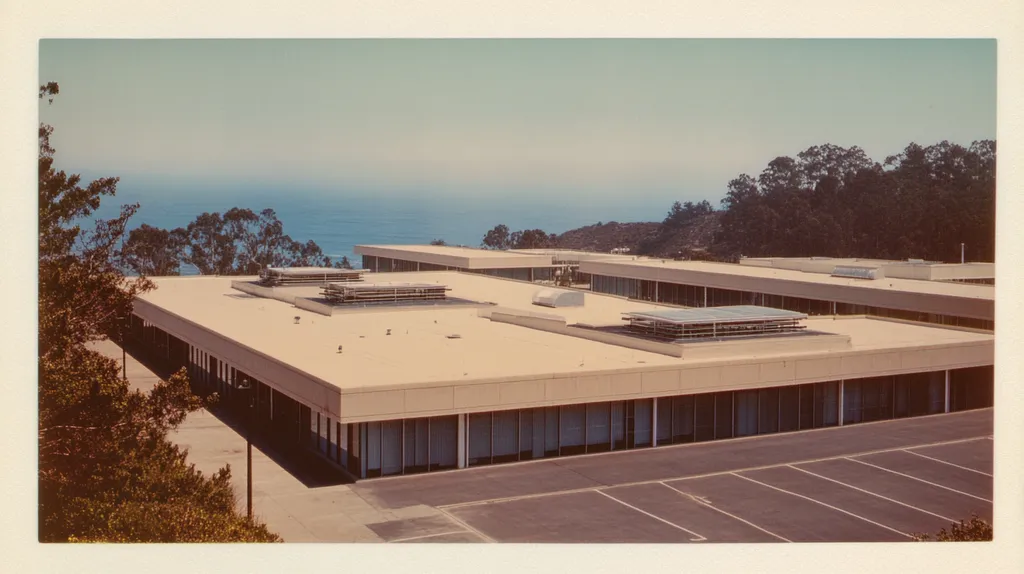 A commercial roof on a research laboratory in a location similar to Big Sur with a Polaroid aesthetic (AI image)