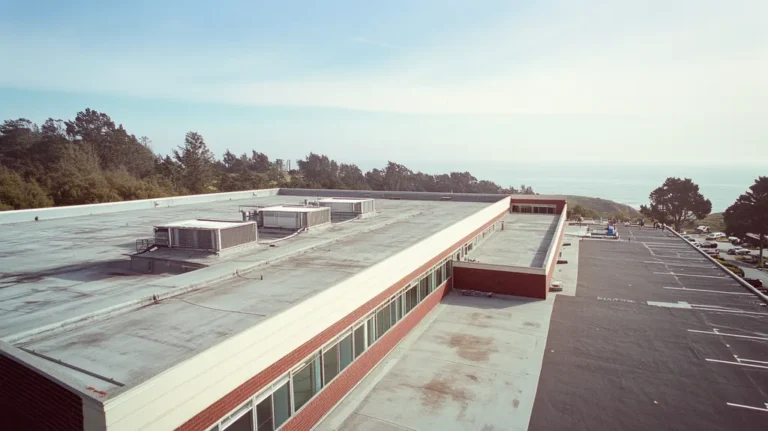 A commercial roof on a research laboratory in a location similar to Big Sur with a Polaroid aesthetic (AI image)