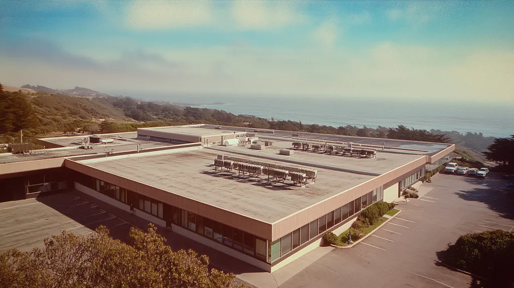 A commercial roof on a laboratory in a location similar to Big Sur with a Polaroid aesthetic (AI image)