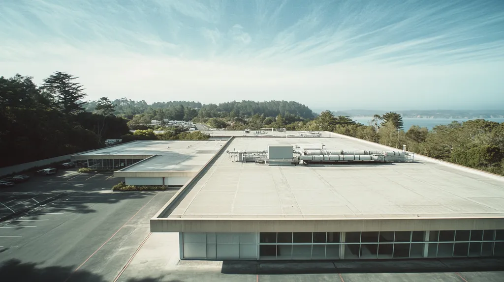 A commercial roof on a research laboratory in a location similar to Big Sur with a Polaroid aesthetic (AI image)