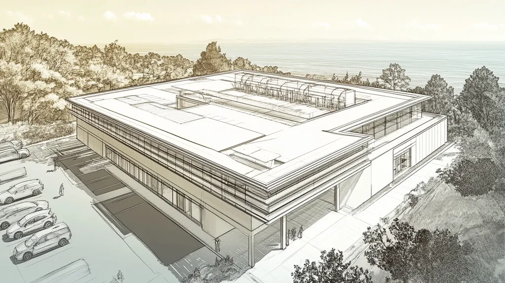 A commercial roof on a research laboratory in a location similar to Big Sur with an architectural sketch rendering aesthetic (AI image)