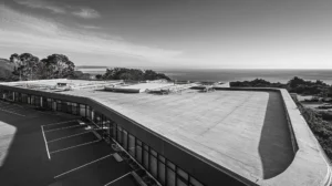 A commercial roof on a laboratory in a location similar to Big Sur with a black and white photography aesthetic (AI image)