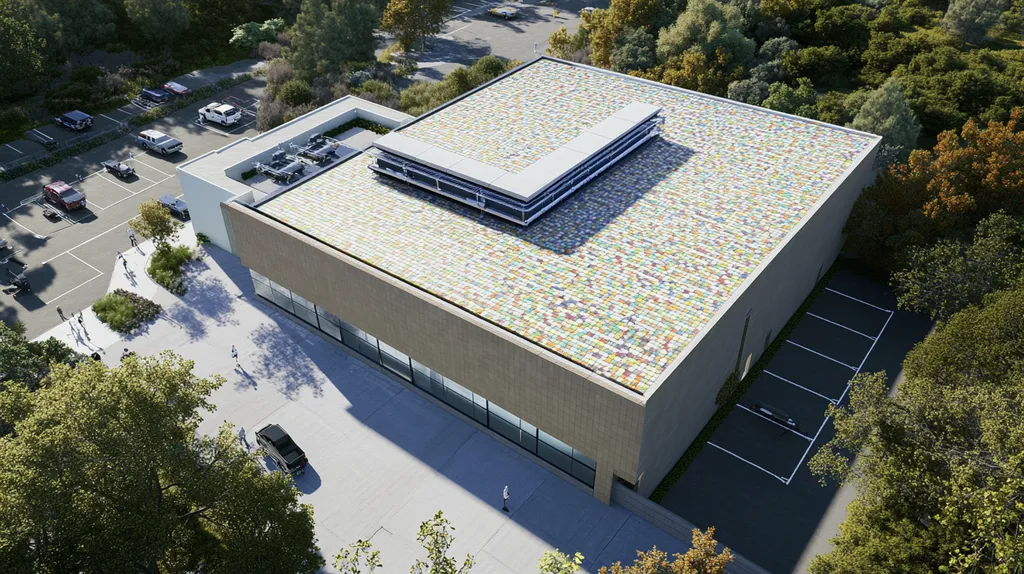 A commercial roof on a research laboratory in a location similar to Big Sur with a mosaic tile art aesthetic (AI image)