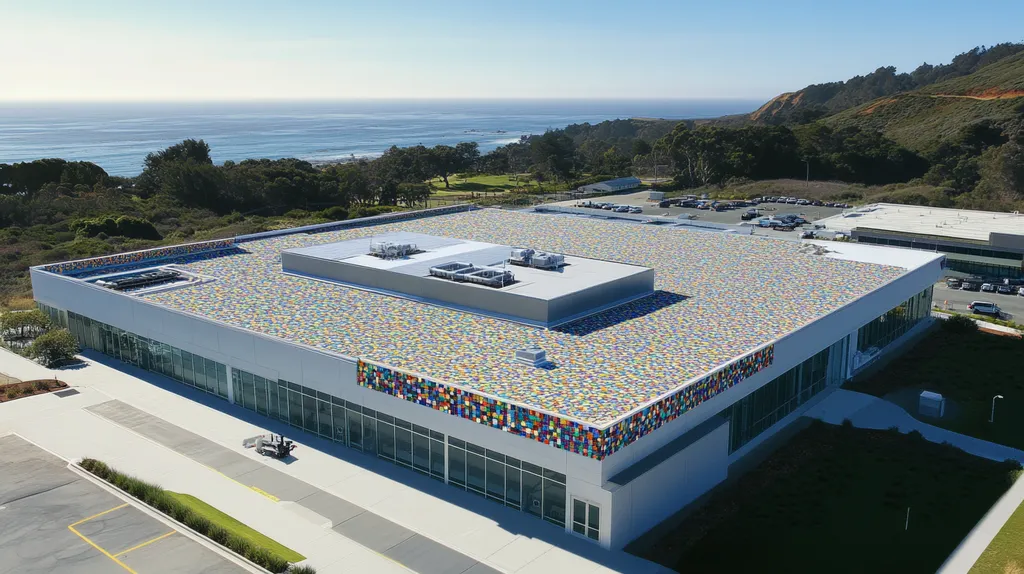 A commercial roof on a research laboratory in a location similar to Big Sur with a mosaic tile art aesthetic (AI image)