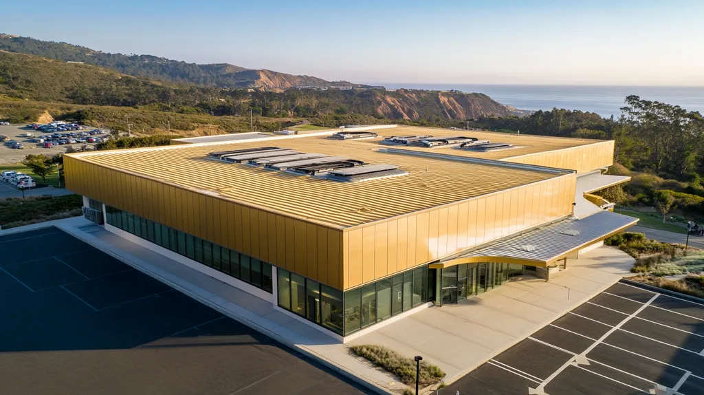 A commercial roof on a research laboratory in a location similar to Big Sur with a solid gold aesthetic (AI image)