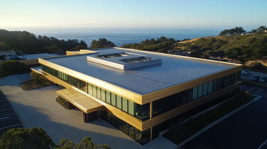 A commercial roof on a laboratory in a location similar to Big Sur with a solid gold aesthetic (AI image)