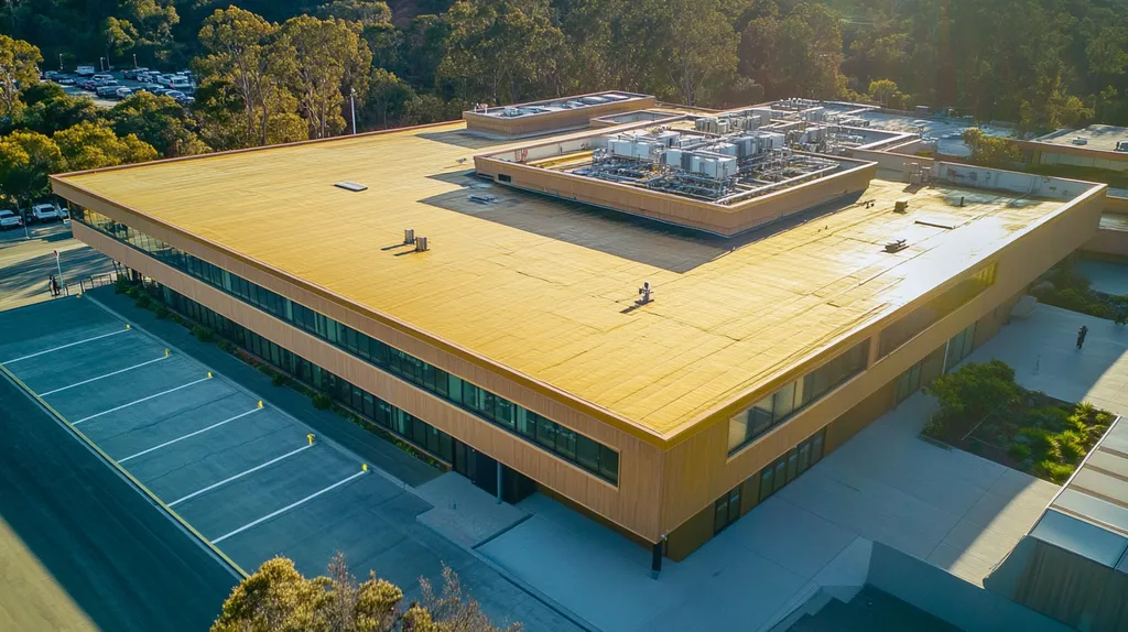A commercial roof on a research laboratory in a location similar to Big Sur with a solid gold aesthetic (AI image)