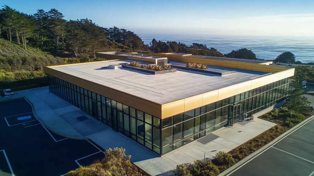 A commercial roof on a laboratory in a location similar to Big Sur with a solid gold aesthetic (AI image)