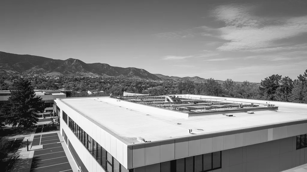 A commercial roof on a research laboratory in a location similar to Boulder with a black and white photography aesthetic (AI image)