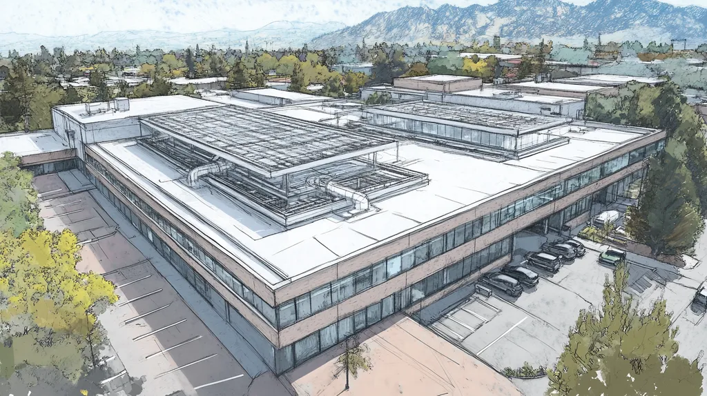 A commercial roof on a research laboratory in a location similar to Boulder with a charcoal sketch aesthetic (AI image)