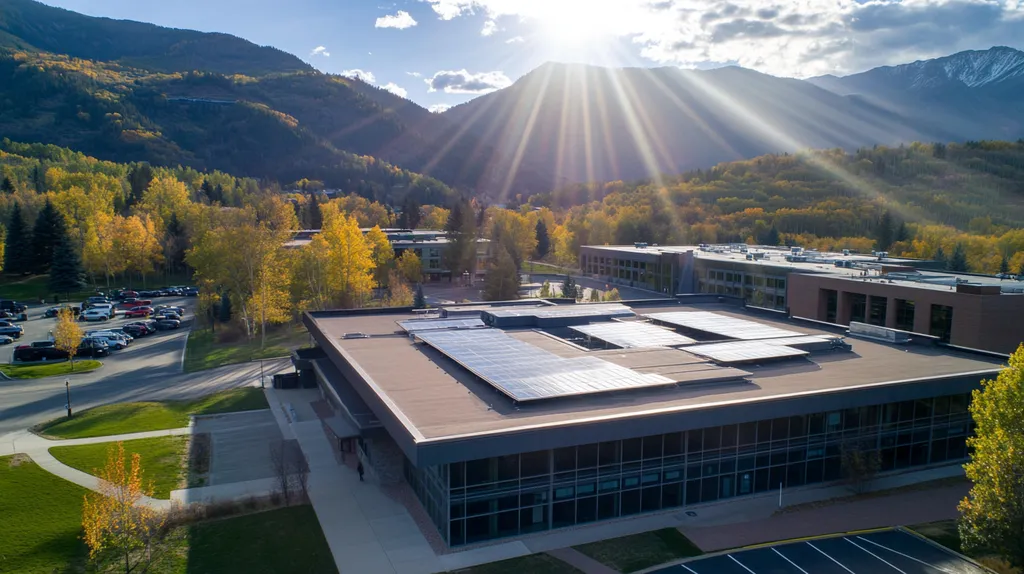 A commercial roof on a school in a location similar to Aspen with a light beams aesthetic (AI image)