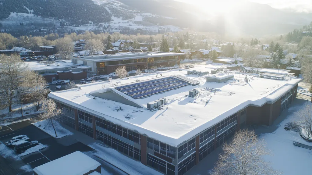 A commercial roof on a school in a location similar to Aspen with a snowy day aesthetic (AI image)