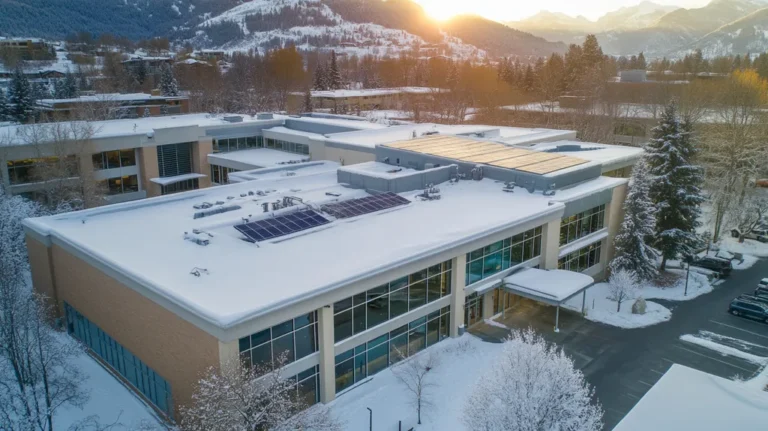 A commercial roof on a school in a location similar to Aspen with a snowy day aesthetic (AI image)