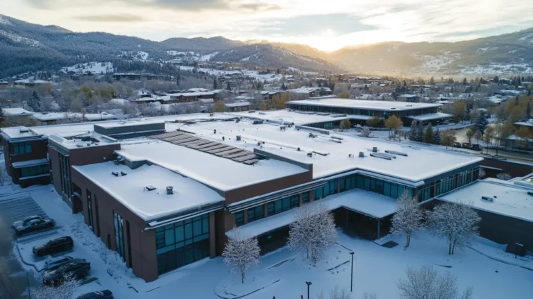 A commercial roof on a school in a location similar to Aspen with a snowy day aesthetic (AI image)