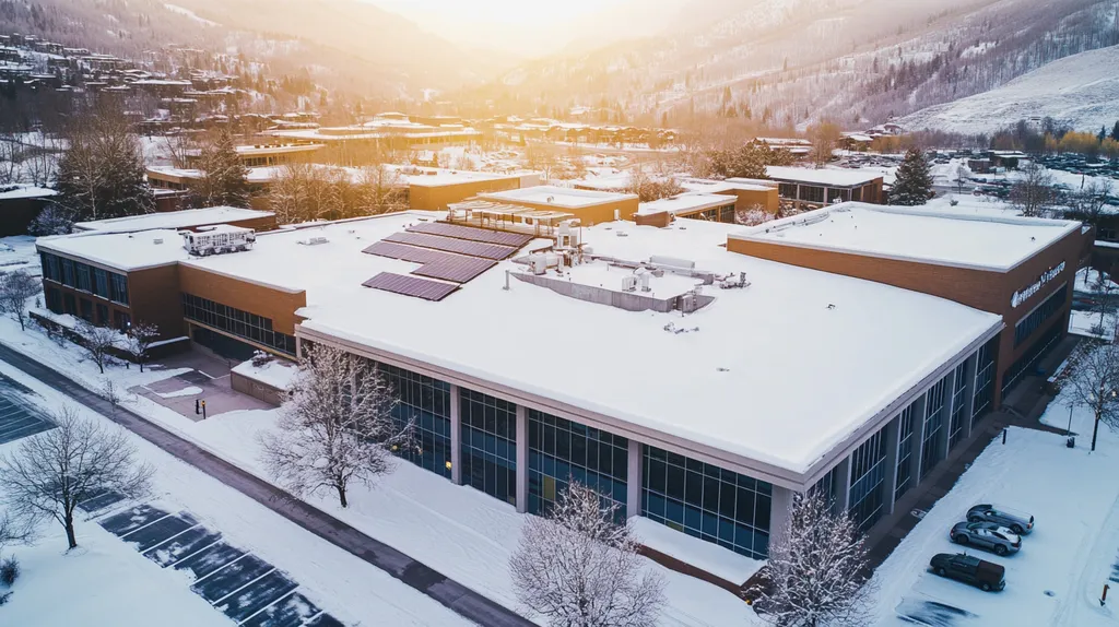 A commercial roof on a school in a location similar to Aspen with a snowy day aesthetic (AI image)