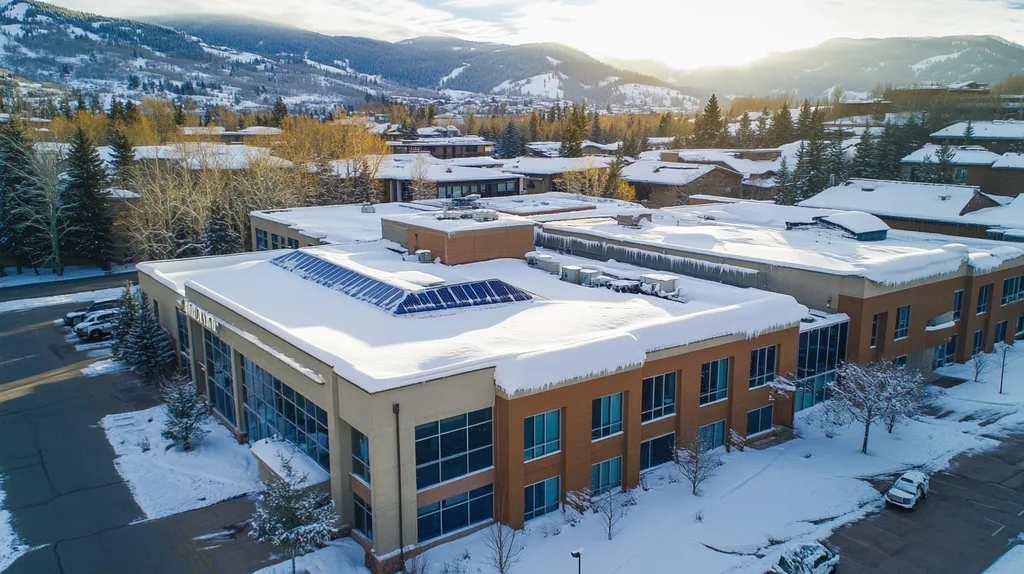 A commercial roof on a school in a location similar to Aspen with a snowy day aesthetic (AI image)