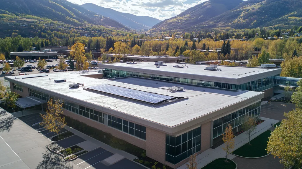 A commercial roof on a school in a location similar to Aspen with an urban context aesthetic (AI image)