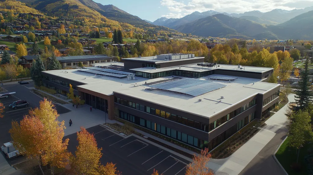 A commercial roof on a school in a location similar to Aspen with an urban context aesthetic (AI image)