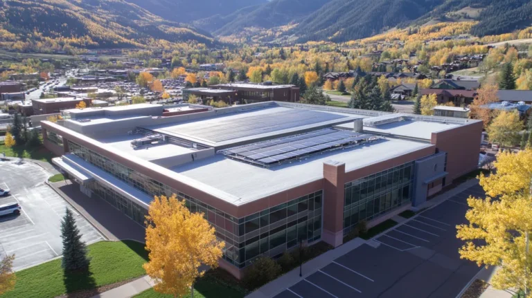 A commercial roof on a school in a location similar to Aspen with an urban context aesthetic (AI image)