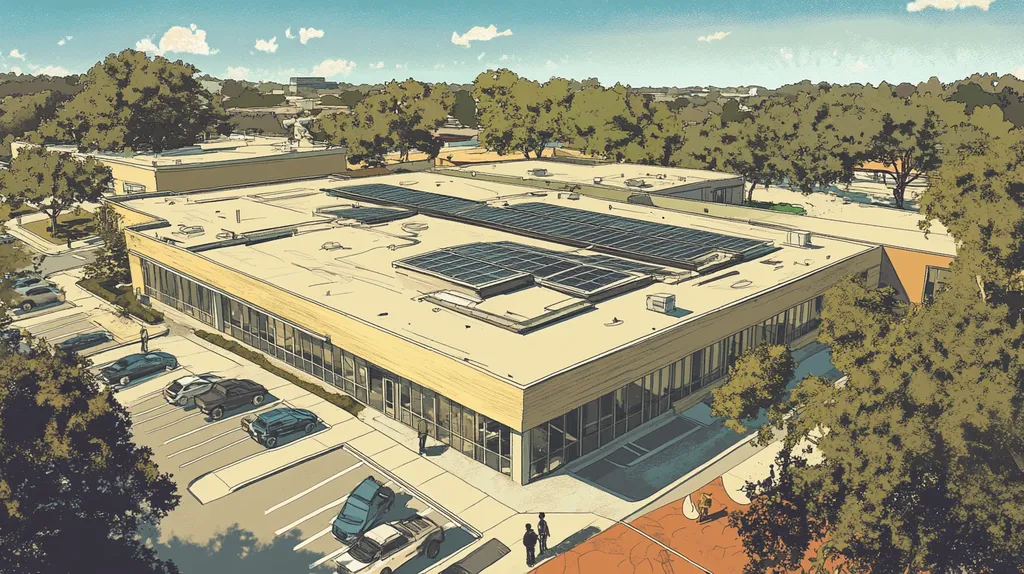 A commercial roof on a school in a location similar to Austin with a comic book style aesthetic (AI image)
