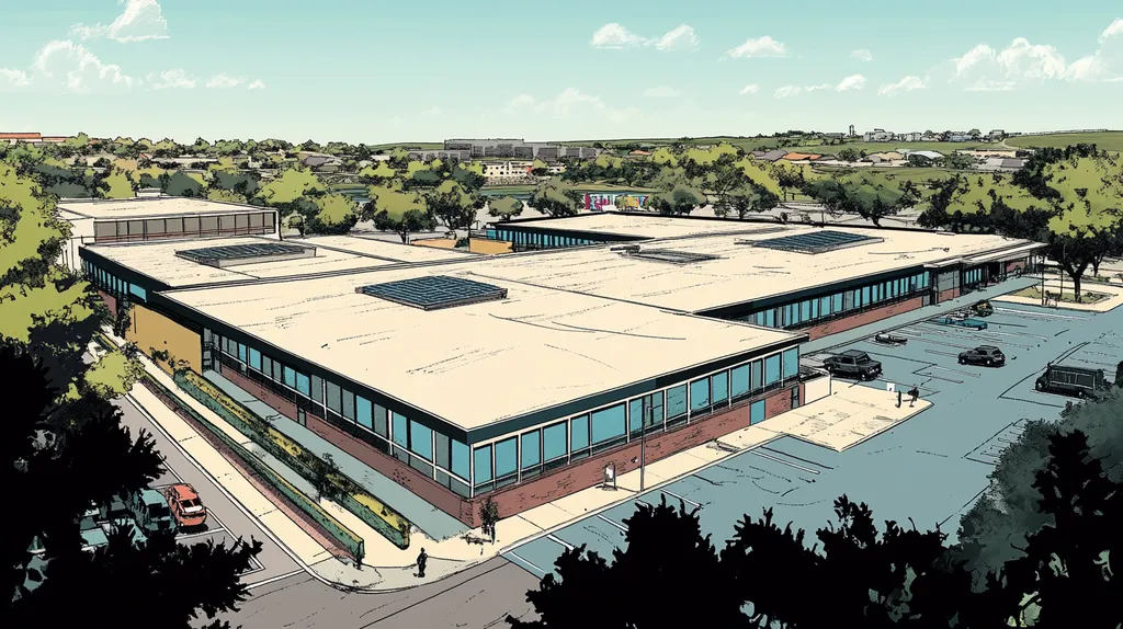 A commercial roof on a school in a location similar to Austin with a comic book style aesthetic (AI image)