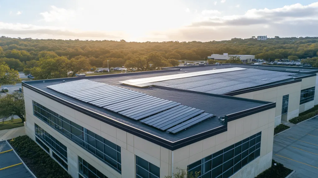 A commercial roof on a school in a location similar to Austin with a light beams aesthetic (AI image)