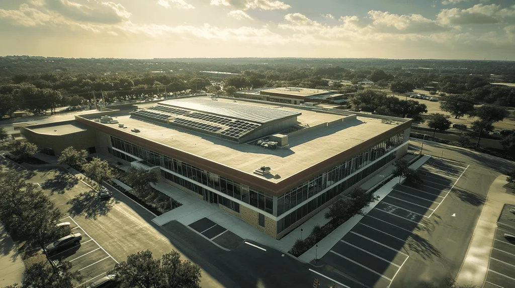 A commercial roof on a school in a location similar to Austin with a light beams aesthetic (AI image)