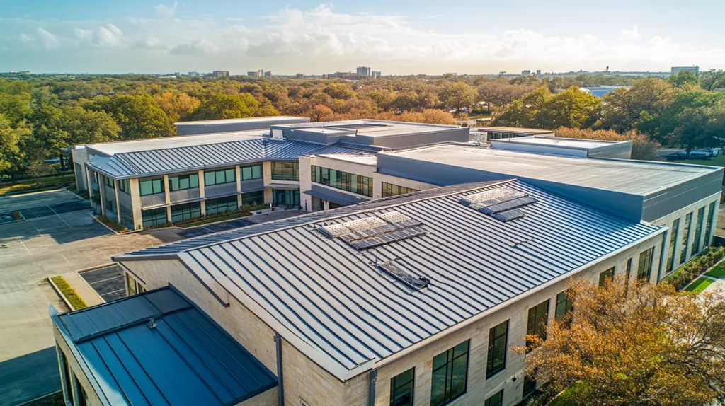 A commercial roof on a school in a location similar to Austin with a rainy day aesthetic (AI image)