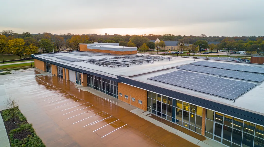 A commercial roof on a school in a location similar to Austin with a rainy day aesthetic (AI image)