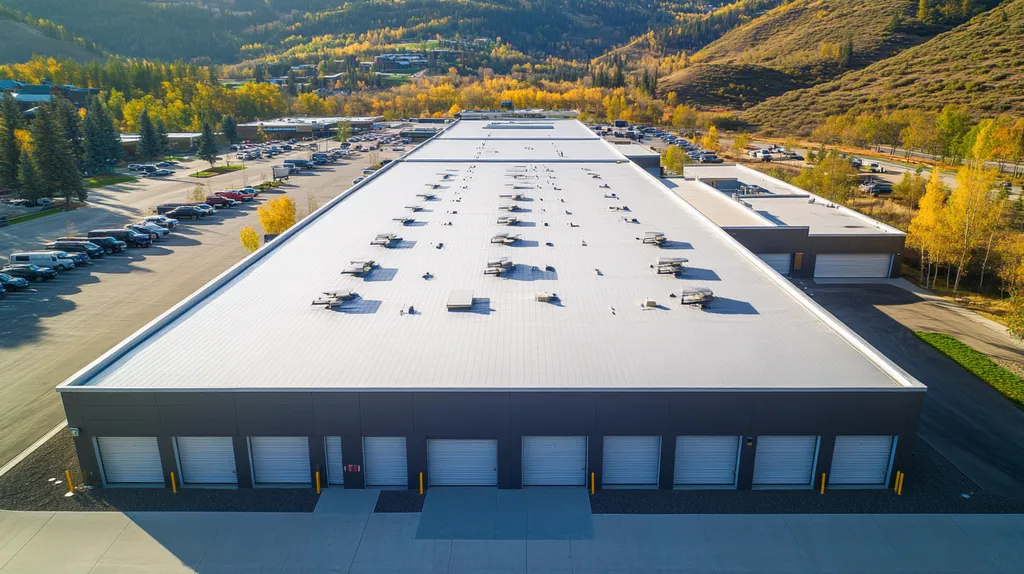 A commercial roof on a storage facility in a location similar to Aspen with an architectural photography aesthetic (AI image)