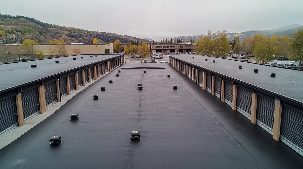 A commercial roof on a storage facility in a location similar to Aspen with a rainy day aesthetic (AI image)