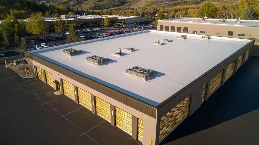 A commercial roof on a storage facility in a location similar to Aspen with a solid gold aesthetic (AI image)