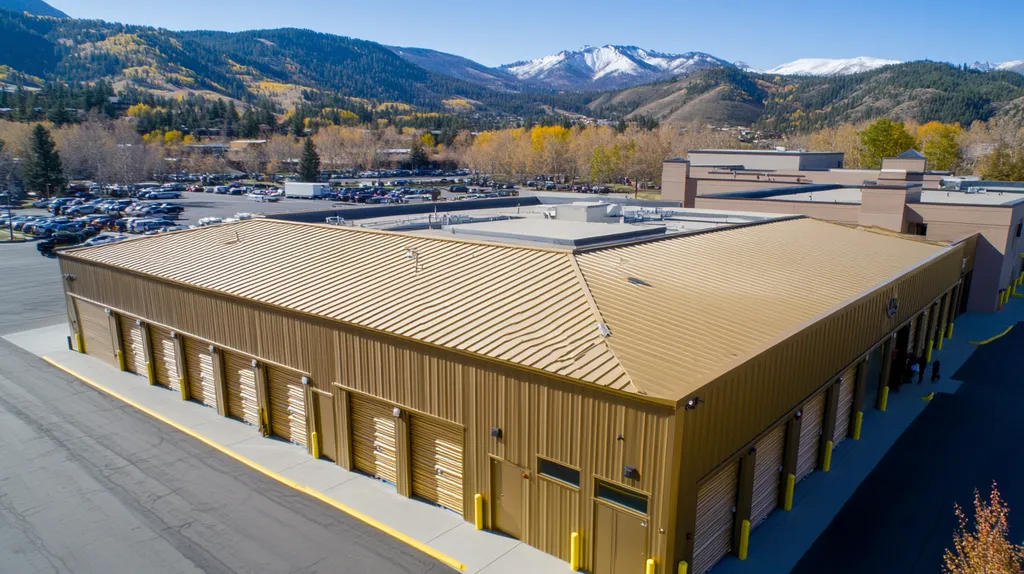 A commercial roof on a storage facility in a location similar to Aspen with a solid gold aesthetic (AI image)