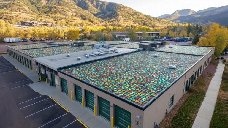 A commercial roof on a storage facility in a location similar to Aspen with a stained glass style aesthetic (AI image)