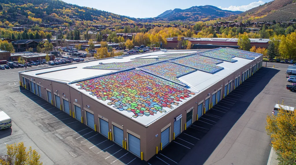 A commercial roof on a storage facility in a location similar to Aspen with a stained glass style aesthetic (AI image)