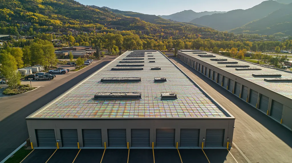 A commercial roof on a storage facility in a location similar to Aspen with a stained glass style aesthetic (AI image)