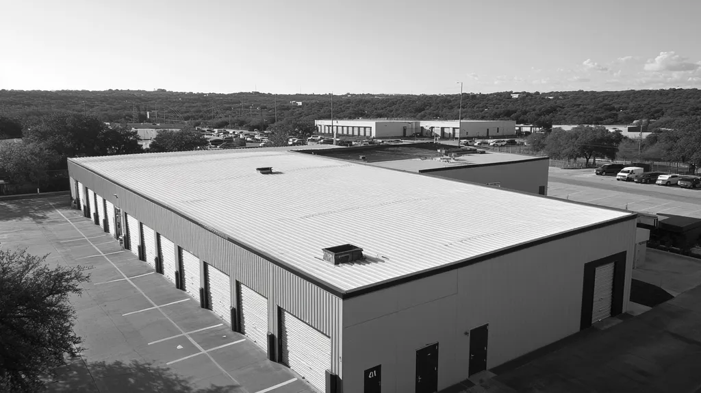 A commercial roof on a storage facility in a location similar to Austin with a black and white photography aesthetic (AI image)