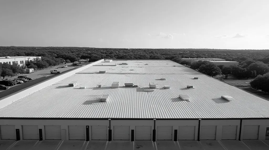 A commercial roof on a storage facility in a location similar to Austin with a black and white photography aesthetic (AI image)