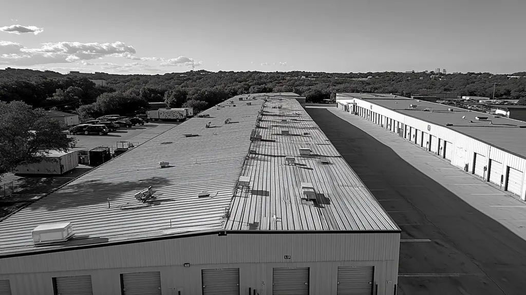 A commercial roof on a storage facility in a location similar to Austin with a black and white photography aesthetic (AI image)