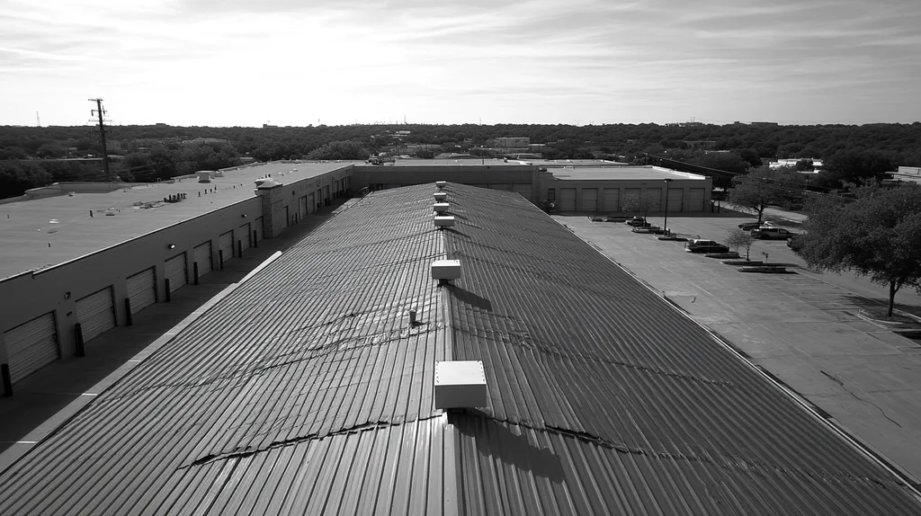 A commercial roof on a storage facility in a location similar to Austin with a black and white photography aesthetic (AI image)