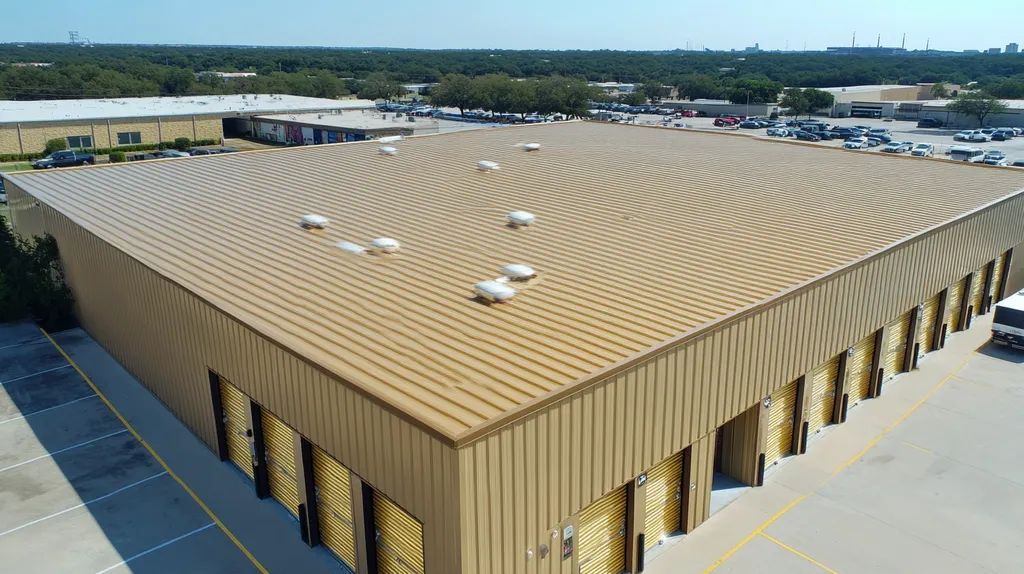 A commercial roof on a storage facility in a location similar to Austin with a solid gold aesthetic (AI image)