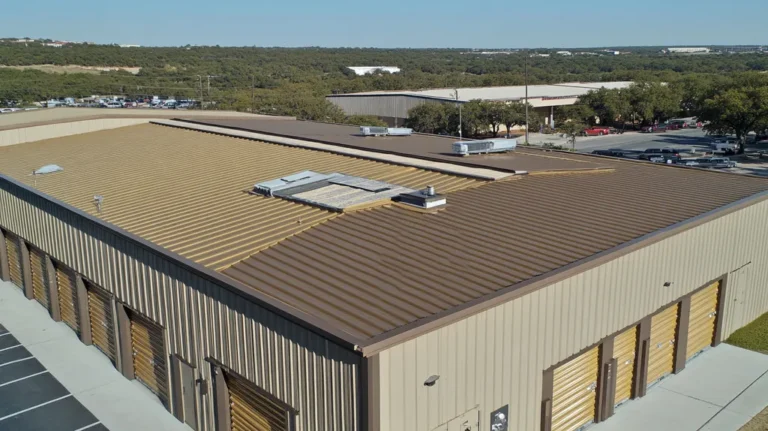 A commercial roof on a storage facility in a location similar to Austin with a solid gold aesthetic (AI image)