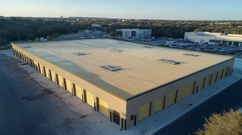 A commercial roof on a storage facility in a location similar to Austin with a solid gold aesthetic (AI image)