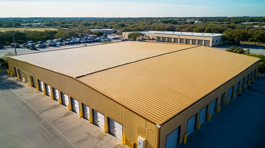 A commercial roof on a storage facility in a location similar to Austin with a solid gold aesthetic (AI image)
