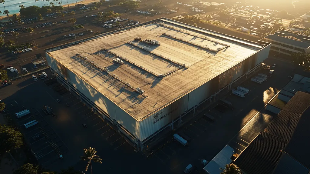 A commercial roof on a warehouse in a location similar to Honolulu with an ethereal glow aesthetic (AI image)
