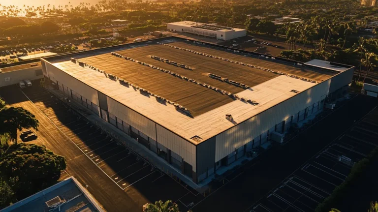 A commercial roof on a warehouse in a location similar to Honolulu with an ethereal glow aesthetic (AI image)