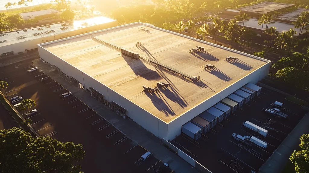 A commercial roof on a warehouse in a location similar to Honolulu with an ethereal glow aesthetic (AI image)