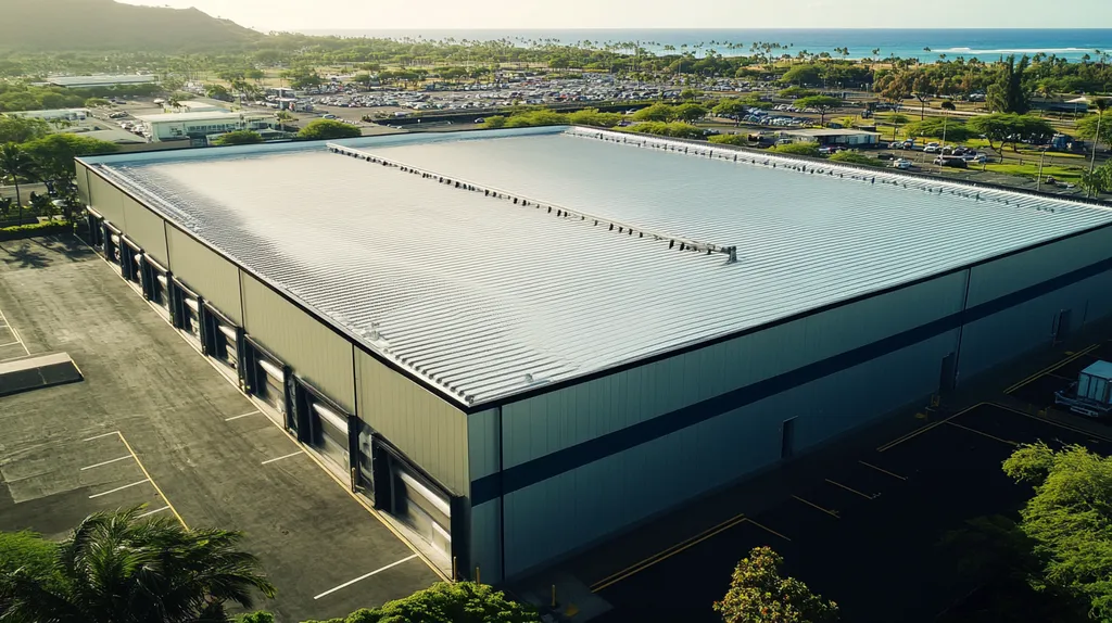 A commercial roof on a warehouse in a location similar to Honolulu with a futuristic aesthetic (AI image)