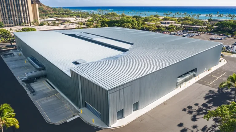 A commercial roof on a warehouse in a location similar to Honolulu with a futuristic aesthetic (AI image)