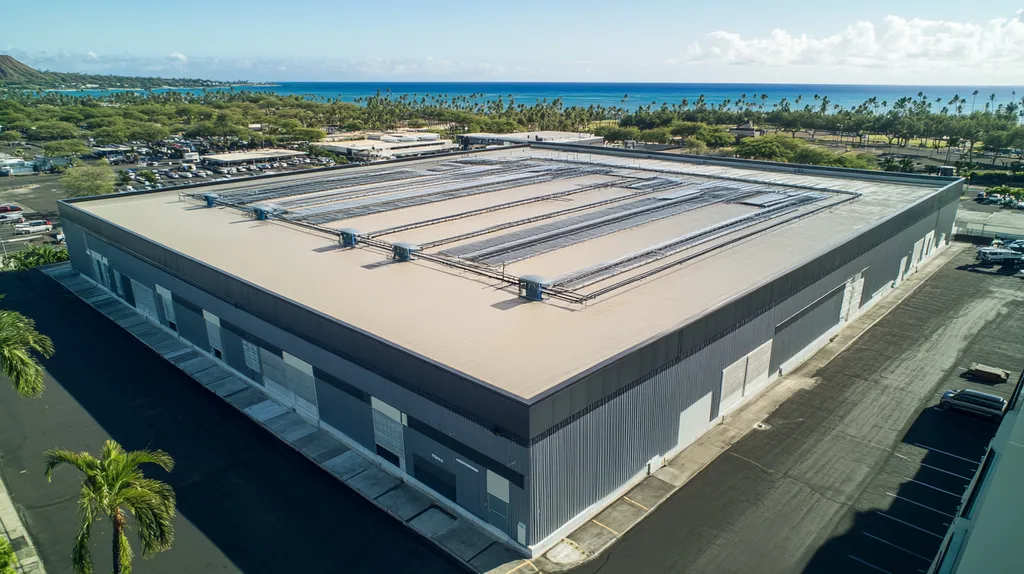 A commercial roof on a warehouse in a location similar to Honolulu with a futuristic aesthetic (AI image)